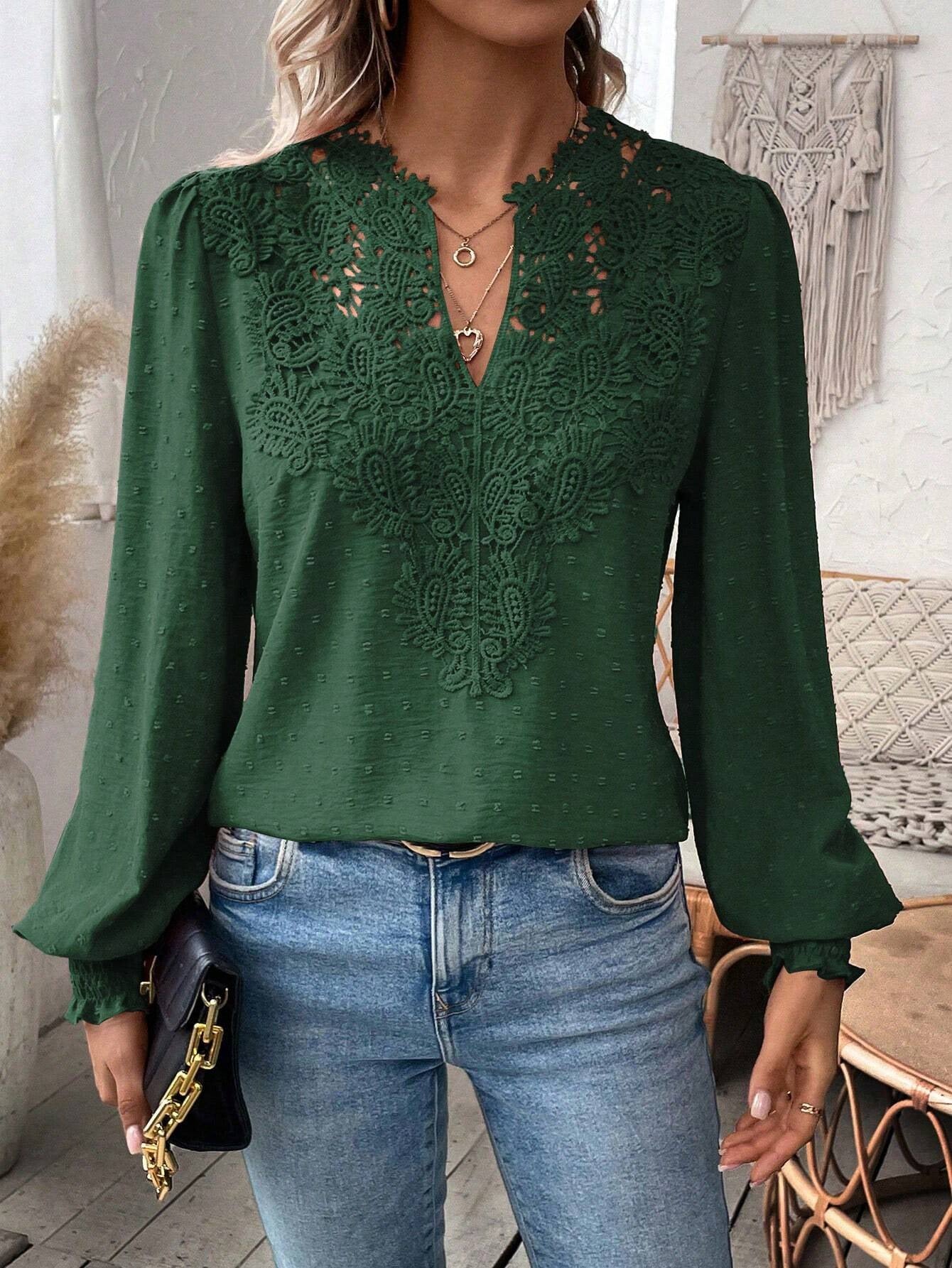 Lace Solid Color Long Sleeve Casual Women's Top