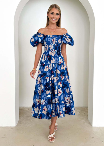 One-neck Printed Pettiskirt Puff Sleeve Dress Women