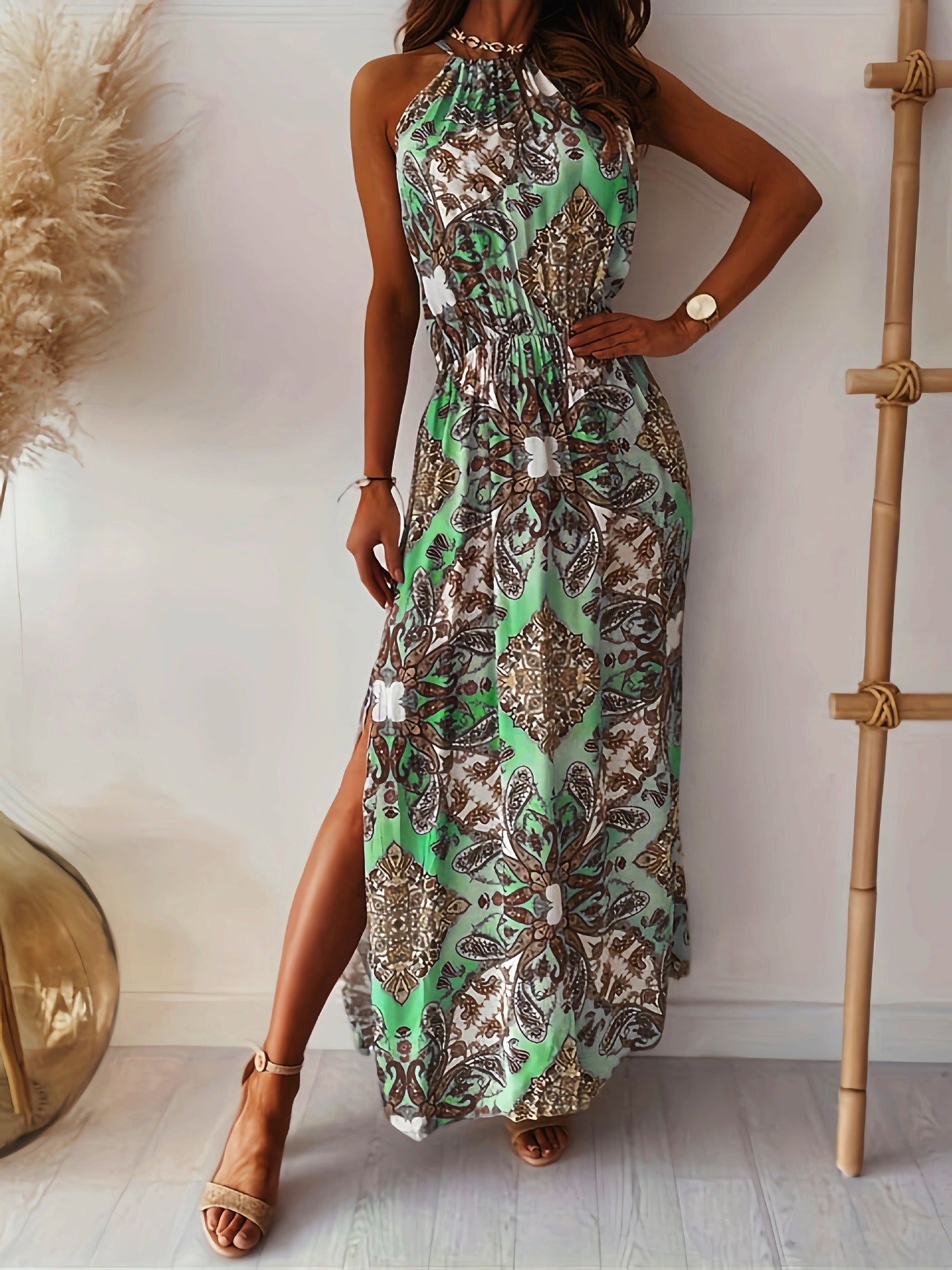 Printed Halter Waist Slit Dress