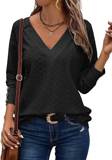 Women's Casual V-neck Long Sleeved Lace Embroidered Shirt