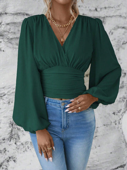 V-neck Sleeve Solid Color Pleated Women's Long-sleeved Top