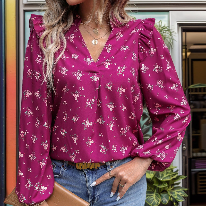 Camisa de manga larga con estampado de flores para mujer a la moda