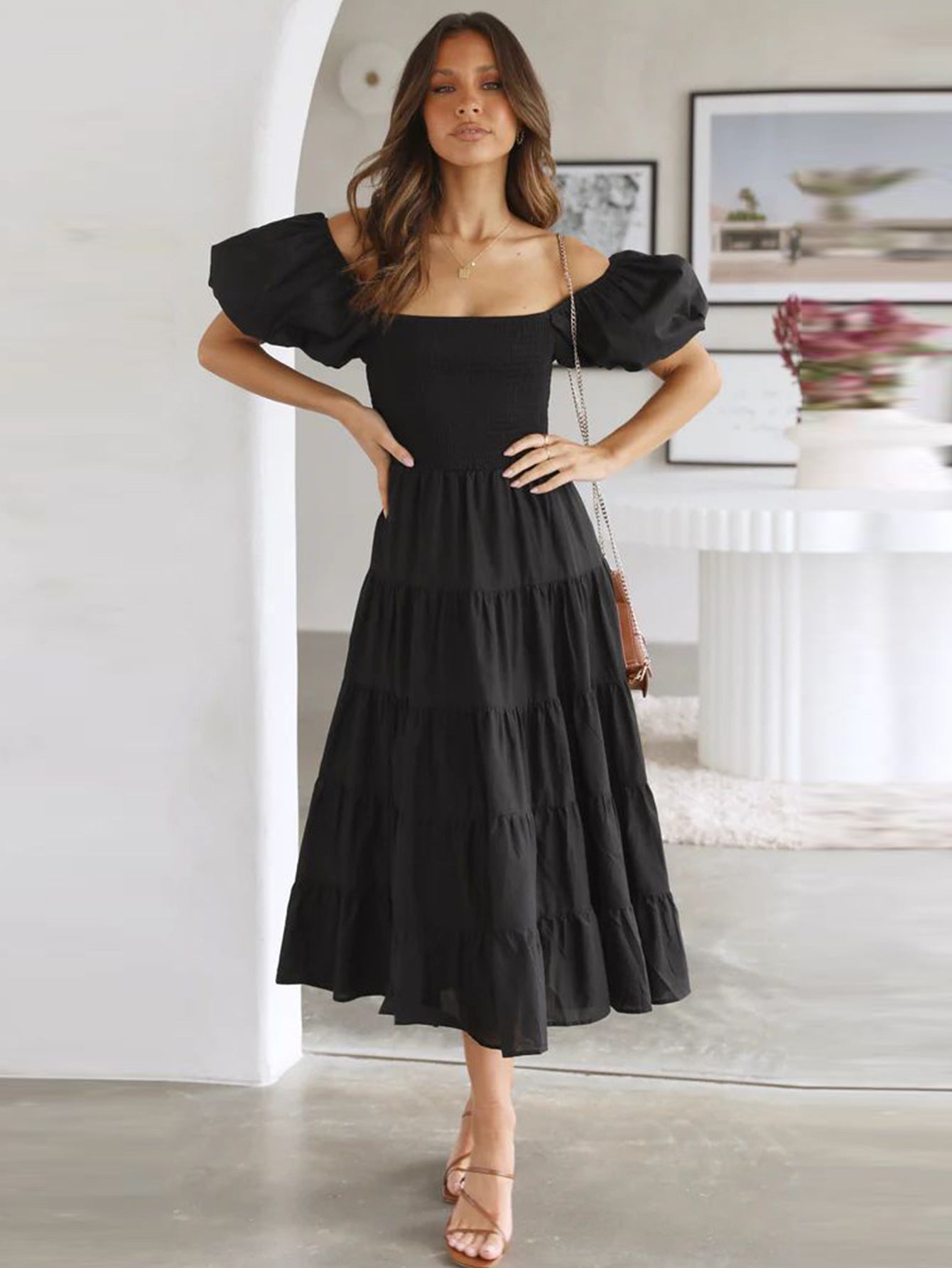 One-neck Printed Pettiskirt Puff Sleeve Dress Women