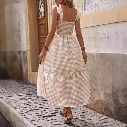 Vestido de cuadros con vuelo grande y elástico para mujer