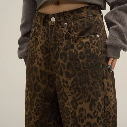 Vaqueros vintage con estampado de leopardo estilo americano para mujer