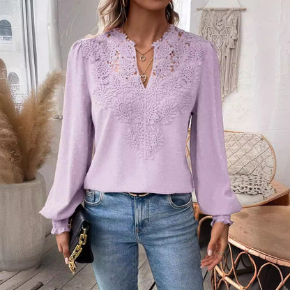 Lace Solid Color Long Sleeve Casual Women's Top