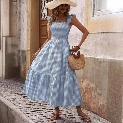 Vestido de cuadros con vuelo grande y elástico para mujer