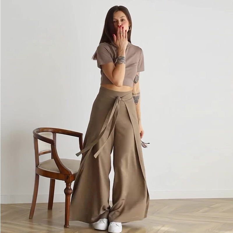 Falda pantalón de pierna ancha con cintura con cordones a la moda de color liso para mujer