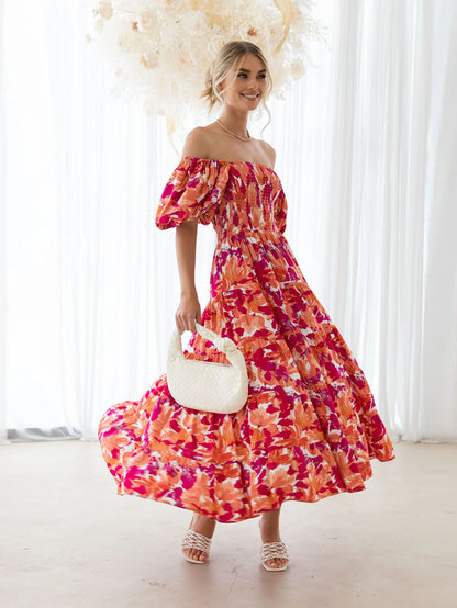 One-neck Printed Pettiskirt Puff Sleeve Dress Women