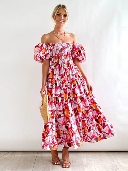 Robe à manches bouffantes et à imprimé pettiskirt à col unique pour femme