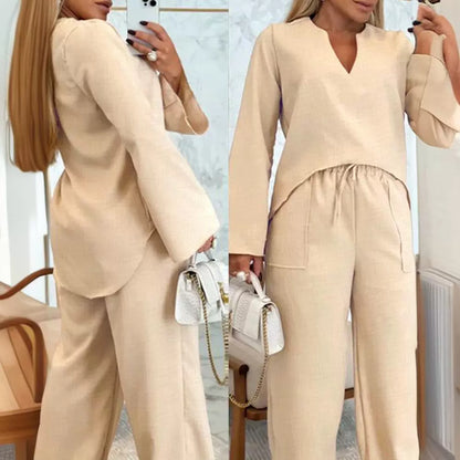 European And American Apricot Long Sleeve Loose V-neck Casual Top Suit