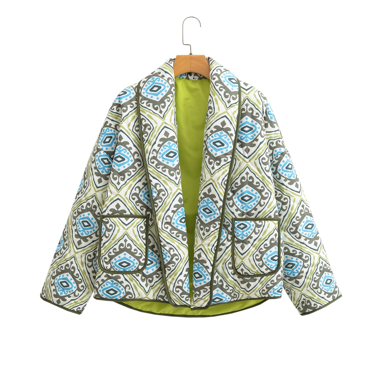 European American Fashion Floral Print Contrast Color Small Stand-up Collar Cotton-padded Clothes