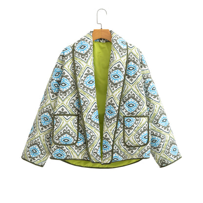 European American Fashion Floral Print Contrast Color Small Stand-up Collar Cotton-padded Clothes