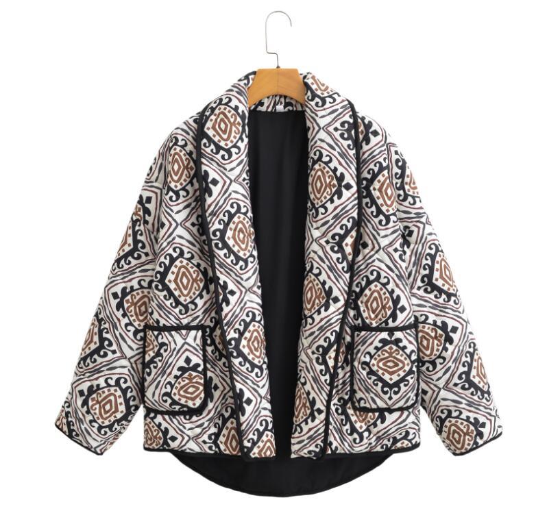 European American Fashion Floral Print Contrast Color Small Stand-up Collar Cotton-padded Clothes