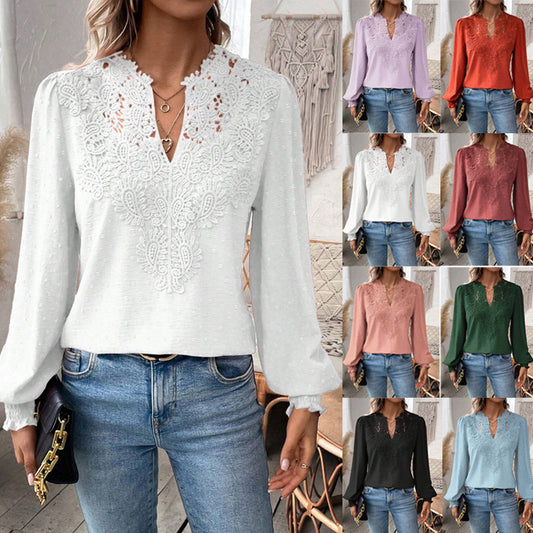 Lace Solid Color Long Sleeve Casual Women's Top