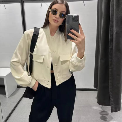 TRAF femme Bomber veste manteau blanc automne hiver bouton Baseball aviateur recadrée vestes pour femmes à manches longues culture vêtements d'extérieur