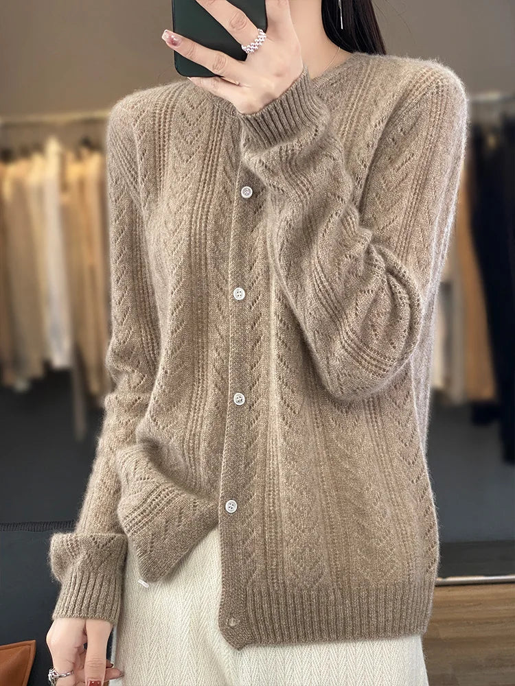 Cardigan en laine à manches longues pour femme, vêtement d'extérieur, pull à col rond, tricot, Style coréen, nouveau vêtement d'extérieur, Crochet