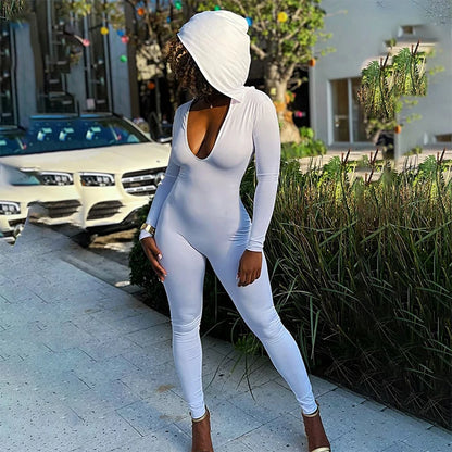 CUTENOVA Autumn Hooded Swing Deep U Collar Skinny Long Sleeve Backless Pencil Jumpsuit Pleat Hip Hister Women Maxi Sexy Bodysuit