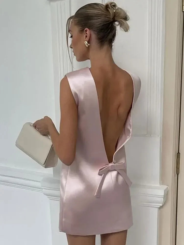 Minivestido Sexy liso con cuello redondo y espalda descubierta para mujer, minivestido liso sin mangas de cintura alta, vestidos cortos para oficina y banquete, batas para fiesta y discoteca 2024