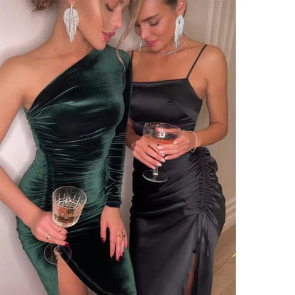 2023 New Solid Long Sleeve One Shoulder Ruched Slit Velvet Midi Dress Sexy Party Club Elegant Bodycon Dresses Femme Robe Longue