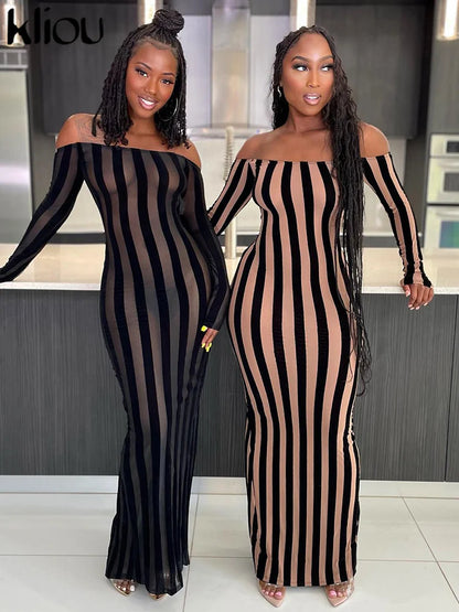 kliou Autumn Striped Women Dress Sexy Peach Buttock See Through Long Sleeve Backless Robe Female Elegant Slash Neck Maxi Bodycon