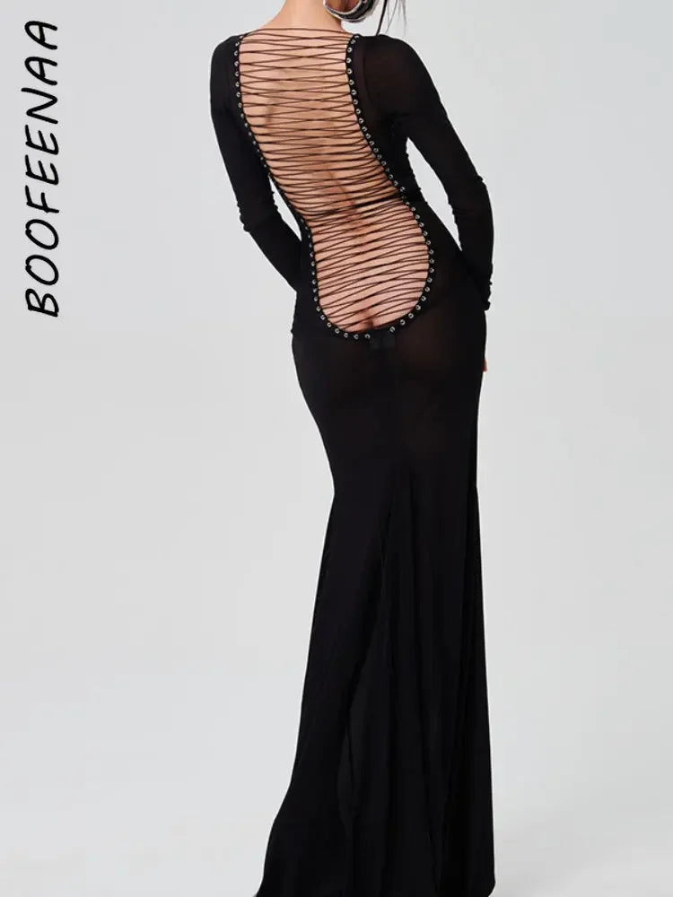 BOOFEENAA Sexy maille à bretelles dos nu robes noir rouge voir à travers manches longues Flare ourlet Maxi robe femme tenue de soirée C15-DD22