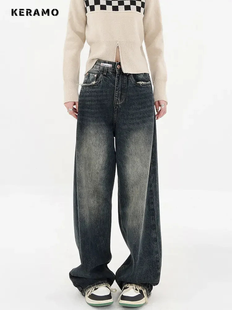 Jean taille haute pour femme, Streetwear rétro, mode automne, Harajuku, jambes larges, droite, ample, pantalon en Denim, Baggy Y2K