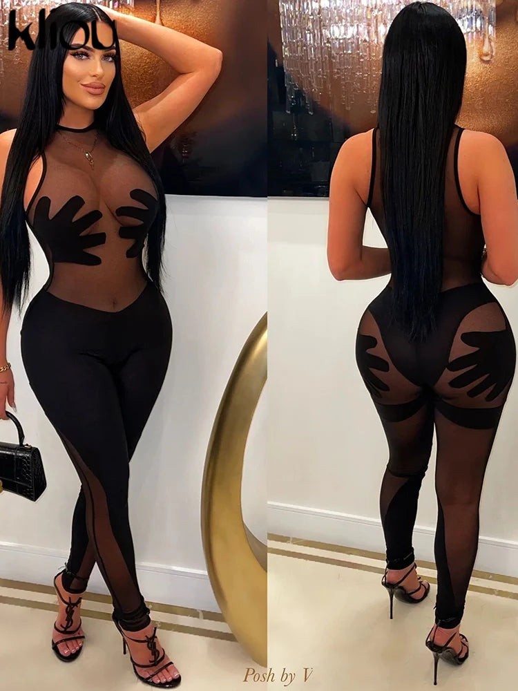 Kliou Hand Shape Patchwork Mesh Jumpsuits Women Sexy See Through Sleeveless Body-shaping One Piece Female Midnight Club Overalls