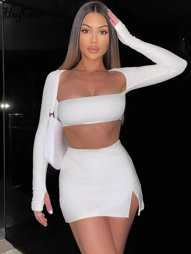 Hugcitar Women New 2 Pcs Set Solid Long Sleeves Square Neck Backless Bandage Crop Top Slit Skirt Summer Rave Festival Outfit