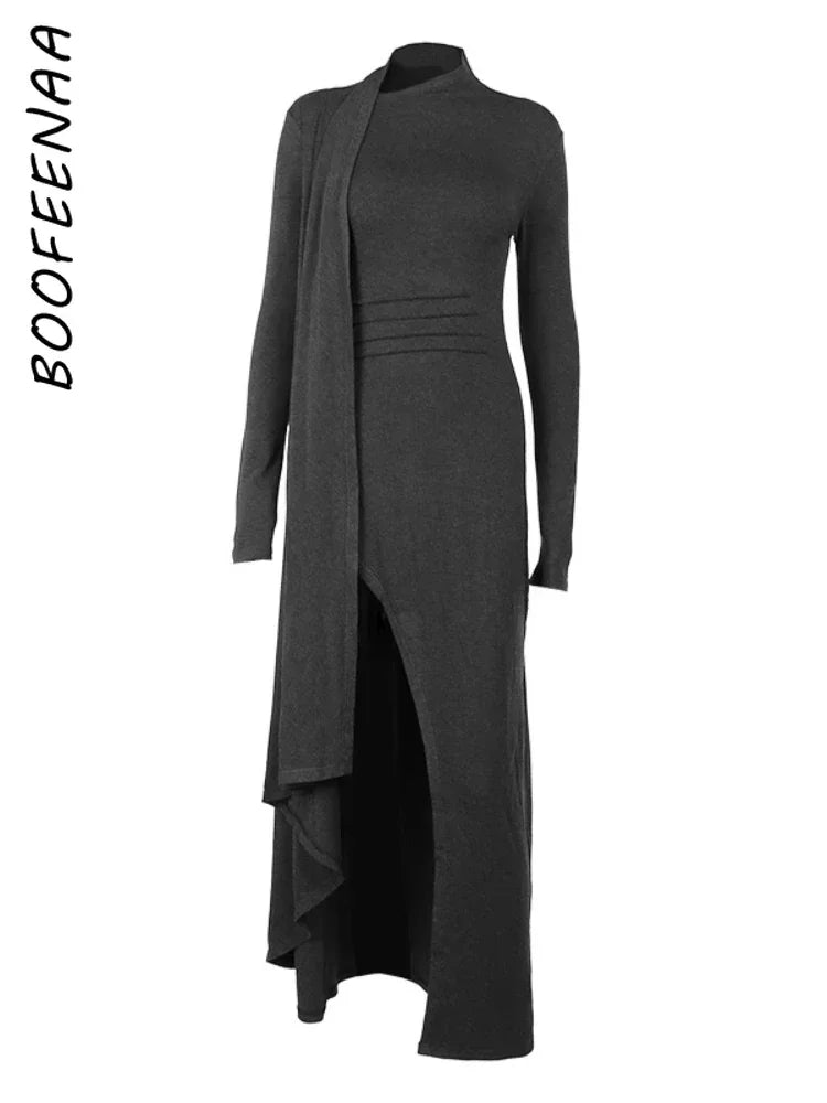 BOOFEENAA robes longues en tricot asymétrique pour femmes mode d'hiver Kendall tenues gris noir Sexy à manches longues fente DressC66-EH60