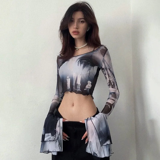 CUTENOVA Goth Dark Punk Print Y2k Mesh Women Crop Tops Gothic Flare Sleeve See Through T-shirts Lettuce Hem Sexy Streetwear