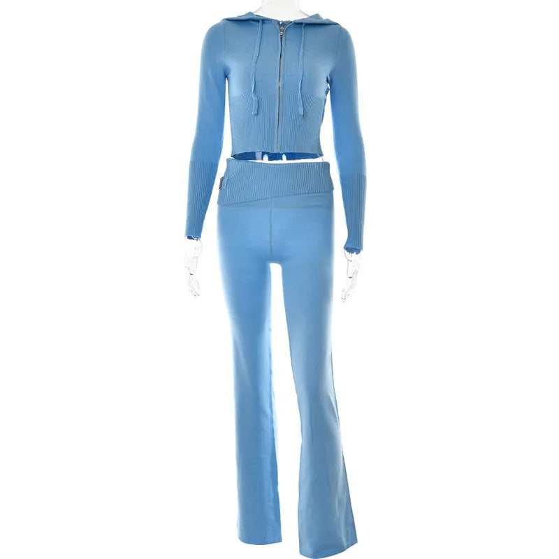 Conjunto de 2 piezas de punto liso para mujer, chándal de manga larga con cremallera, suéter con capucha, chaquetas, Top corto, pantalones acampanados, traje elástico a juego