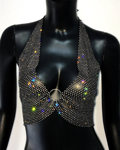 Camisola Sexy con escote en V profundo, Espalda descubierta, malla brillante con diamantes de imitación transparente, camiseta sin mangas con cuello Halter, Top corto para fiesta y discoteca 2024