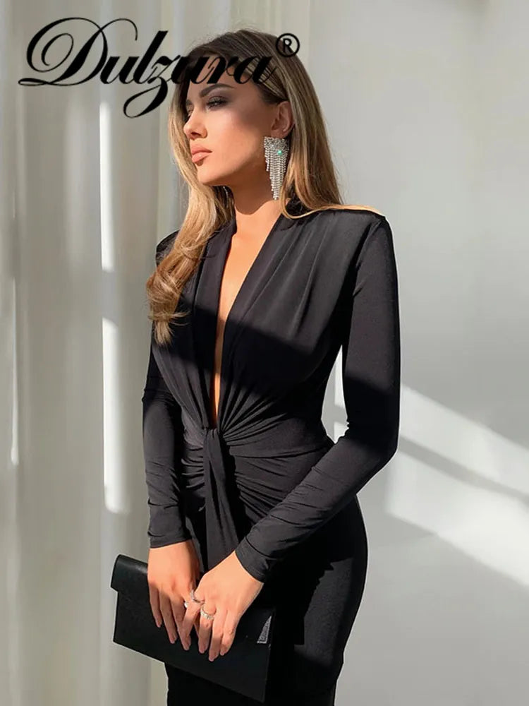 Dulzura 2022 Women Ruched Irregular Sexy Y2K Clothes Long Sleeve V-Neck Side Slit Bodycon Midi Dress Outfits Club Party Birthday