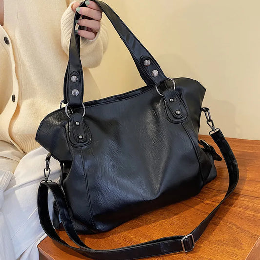 Big Black Shoulder Bags for Women Large Hobo Shopper Bag Solid Color Quality Soft Leather Crossbody Handbag Lady Travel Tote Bag