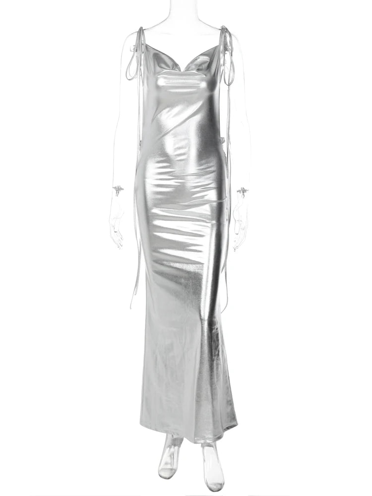 Hugcitar-vestido maxi ajustado sexi de piel sintética con Espalda descubierta, drapeado liso, ropa elegante para mujer para primavera y verano 2024, fiesta de cumpleaños