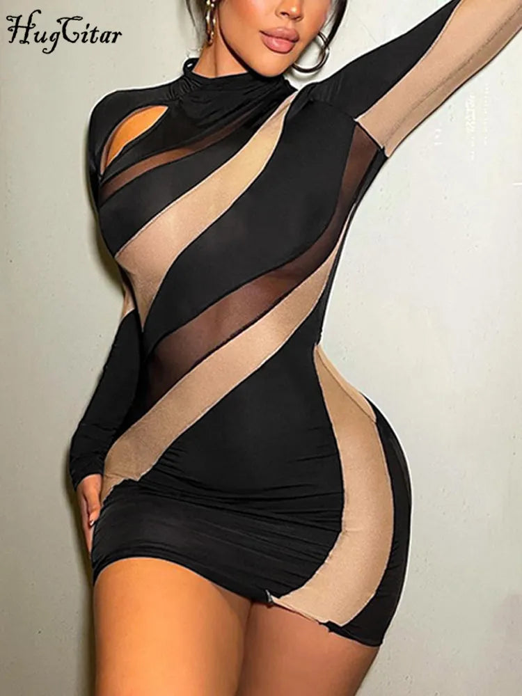 Hugcitar Matching Color Long Sleeve Hollow Out Sexy Slim Mini Dress 2023 Fall Women Fashion Outfit Streetwear Party Nightclub