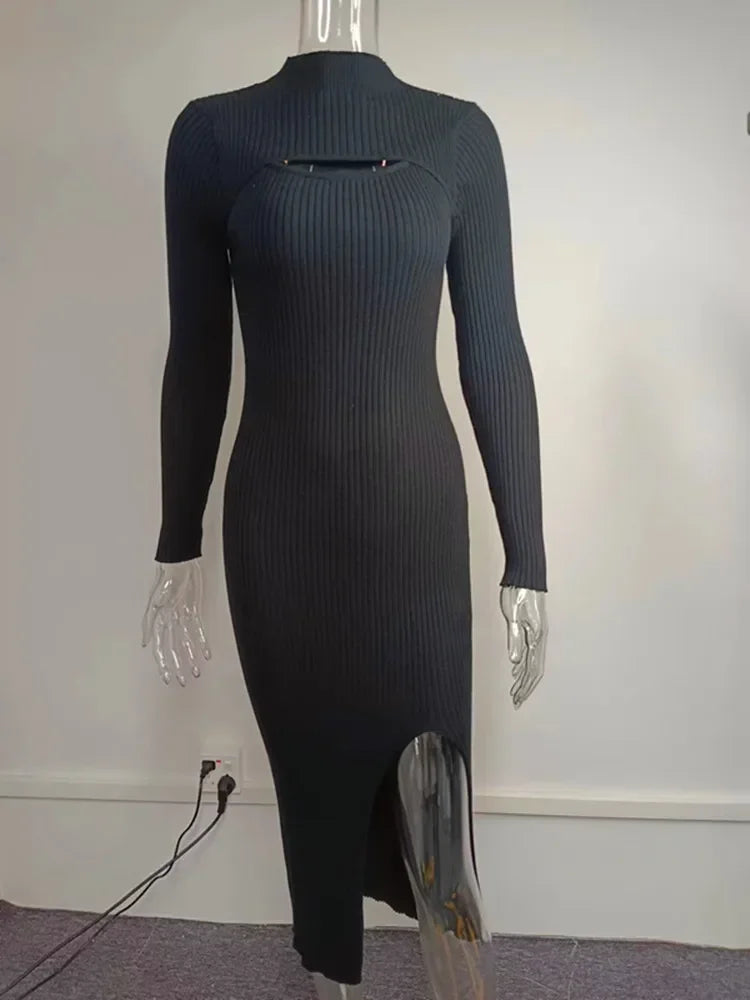 Vestido largo por debajo de la rodilla de punto blanco para mujer, jersey liso de oficina para otoño e invierno, vestido ajustado de manga larga, suéter Sexy dulce