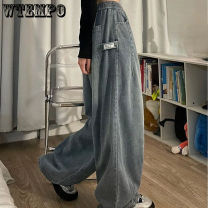 Jean Baggy Vintage pour femmes, taille élastique, surdimensionné, pantalon américain, Denim, jambes larges, Streetwear, pantalon droit basique, Y2k, printemps