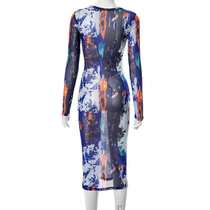 CUTENOVA automne coloré encre Splash impression col rond manches longues robe en maille femmes de luxe pure slim fit élégant vêtements d'extérieur