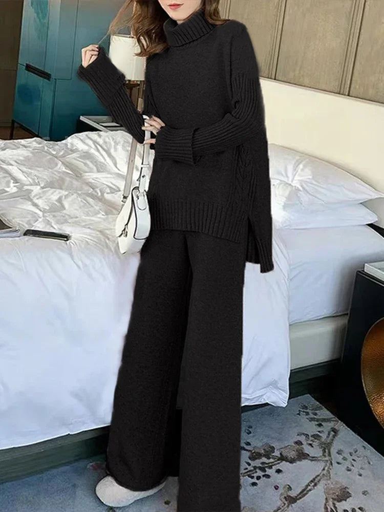 Sweater Set Warm suit for Women Winter Knitted Suits 2 Piece Set Soild Turtleneck Sweater + Loose Trousers Office Lady Suit