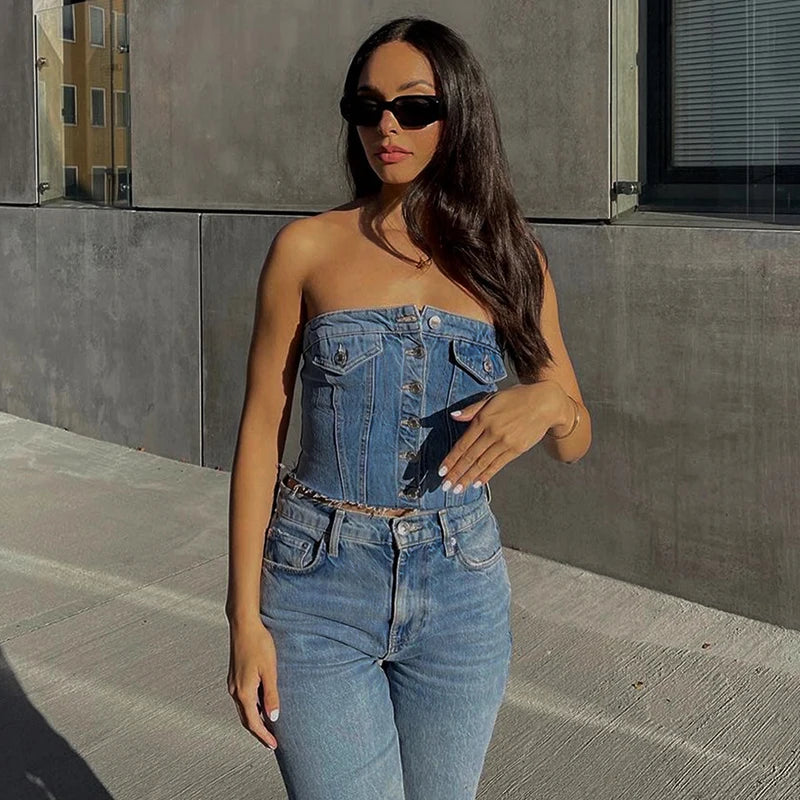 CUTENOVA Solid Denim Pocket Design Button Vest Women Casual Bare Midriff Wrapped Chest Sleeveless Crop Tops Streetwear Tanks