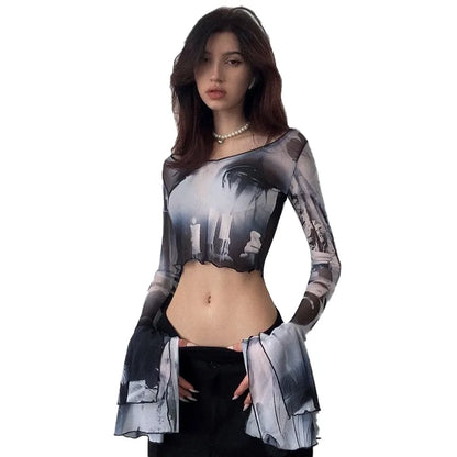 CUTENOVA Goth Dark Punk Print Y2k Mesh Women Crop Tops Gothic Flare Sleeve See Through T-shirts Lettuce Hem Sexy Streetwear