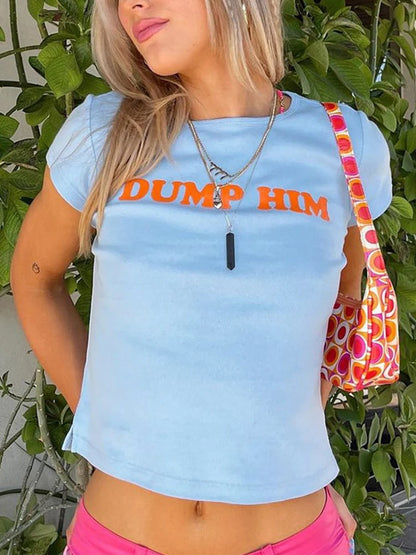 Cute 2000s Aesthetics Letter Print Blue Baby Tees Y2K Streetwear O-neck Short Sleeve Crop Tops Women Fashion 2023 Slim