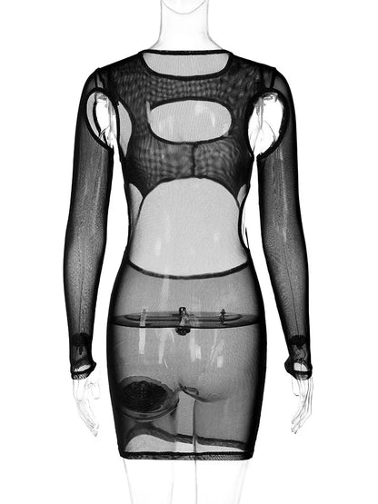 Dulzura Long Sleeve Cut Out Mesh Mini Dress Bodycon Sexy See Through  Hollow Out Sheer Dress Party Club Outfits Streetwear Y2K