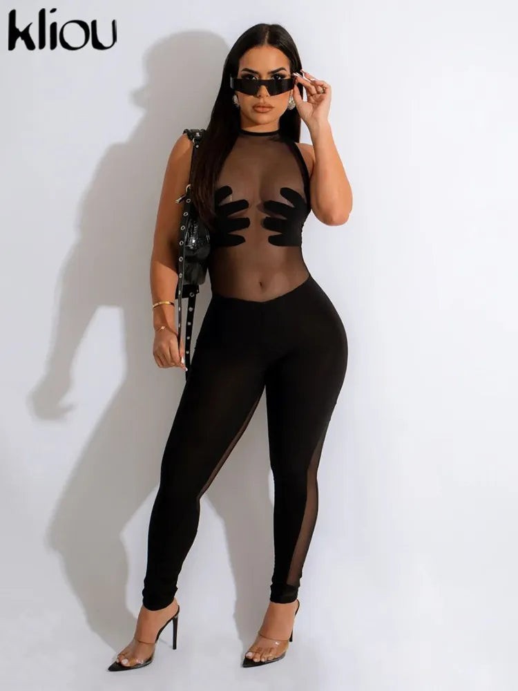 Kliou Hand Shape Patchwork Mesh Jumpsuits Women Sexy See Through Sleeveless Body-shaping One Piece Female Midnight Club Overalls