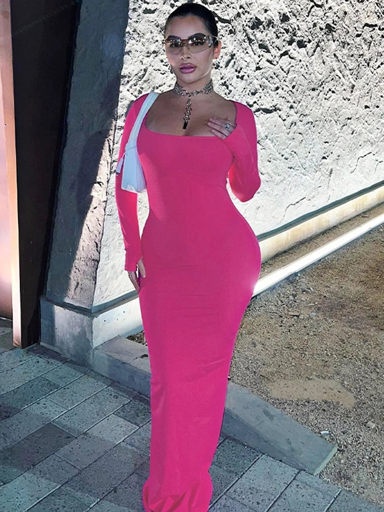 Dulzura Rose rouge à manches longues robe mi-longue pour les femmes moulante Sexy Streetwear fête Club tenues robe longue vêtements élégants soirée