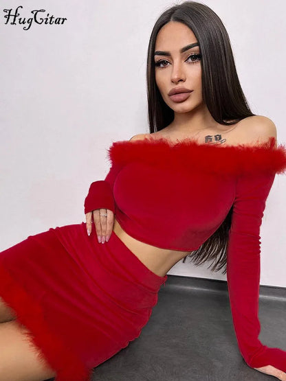 Hugcitar Velvet 2 Pcs Sets Slash Neck Long Sleeve Solid Feather Sexy Crop Top Skirt Spring Women Elegant Outfit Party Festival