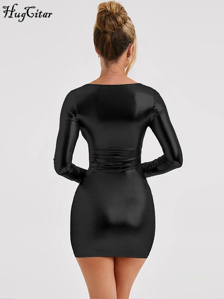 Hugcitar Pu Leather Solid Long Sleeve Sexy Elegant Bodycon Mini Prom Dress Fall Winter Women Evening Party Birthday Clothes Y2K