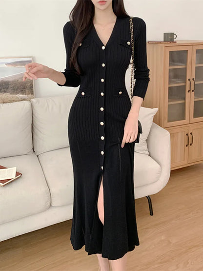 Vestido Midi de verano para mujer, vestido negro tejido ceñido al cuerpo con volantes de estilo coreano, vestido informal elegante a la moda para mujer 2023